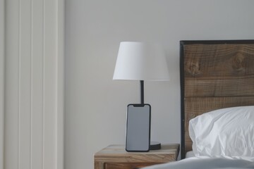 Close up of rustic bedside table lamp near bed with wood headboard.   French country, farmhouse, provence interior design of modern bedroom.