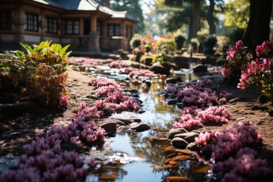 A stream flows past purple flowers in a garden, with a house in the background