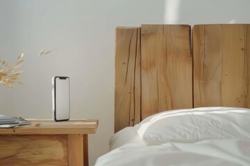 Close up of rustic bedside table lamp near bed with wood headboard.   French country, farmhouse, provence interior design of modern bedroom.