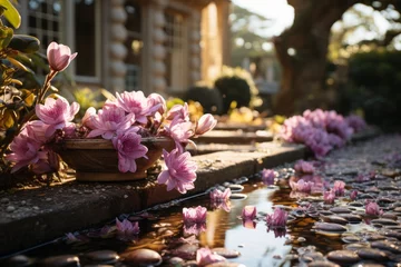 Abwaschbare Fototapete Water stream flowing through garden with pink flowers and rocks © yuchen