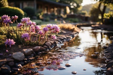 Obraz na płótnie Canvas a stream running through a garden with purple flowers and rocks