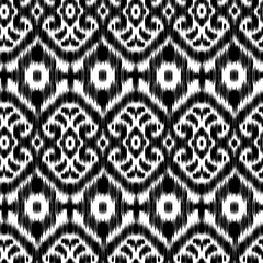 Seamless Ikat Pattern. Abstract black and white background for textile design, wallpaper, surface textures. ATLAS ADRAS ABAYAS - 761945932