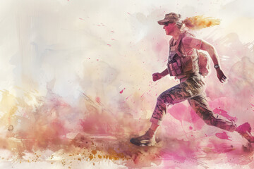 Army woman run in pink splash watercolor, concept: independence, peace