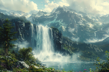 Beautiful landscape of waterfall and mountain. Created with Ai - obrazy, fototapety, plakaty