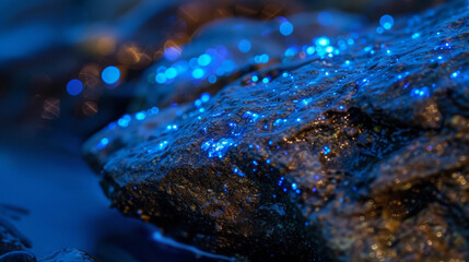 A closeup of bioluminescent algae with each tiny cell emitting a subtle blue light that creates a soft glow on the rock it clings to.