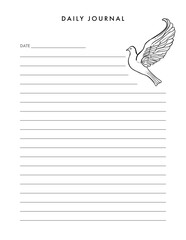 A notebook allows for note-taking on lined or blank pages designed with dove-flying