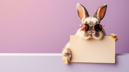 Happy Easter, bunny holding blank sign, notice board, bunny wearing sunglasses, pet shop sign, promotion,copy space