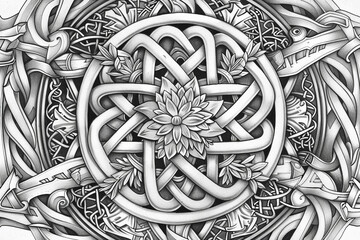 Detailed celtic knotwork with floral center in monochrome.