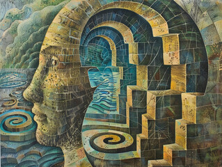 Mosaic artwork of a human face with labyrinthine patterns, evoking complexity of the human mind.
