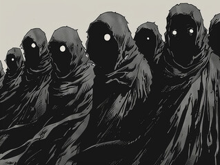 Dark monochrome illustration of hooded figures with glowing eyes, evoking mystery and fear. - obrazy, fototapety, plakaty