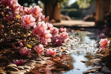 A peaceful stream flows through a garden filled with pink flowers and rocks