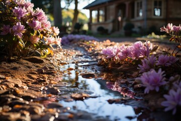 Purple flowers encircle a water puddle in front of a house