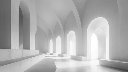 Minimalistic white arches in a contemporary architectural design with soft lighting.