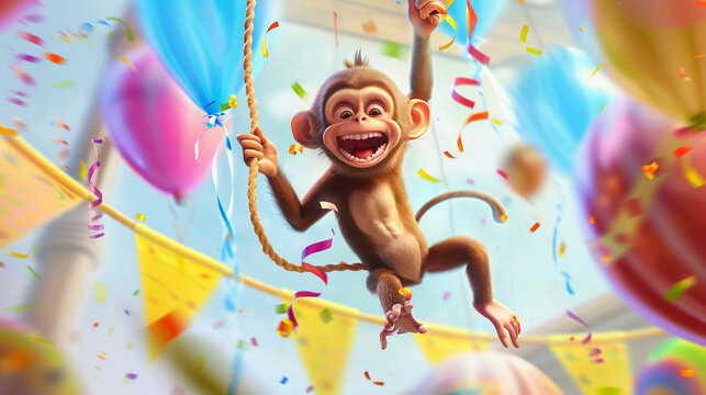 Whimsical 3D illustration of a monkey swinging on a rope amidst a colorful celebration with balloons.