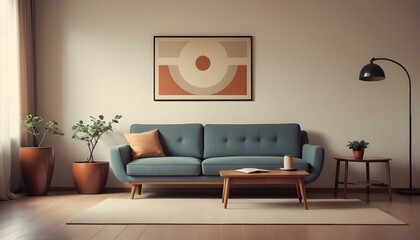 Minimalist, retro, contemporary composition of living room with picture frame and armchair