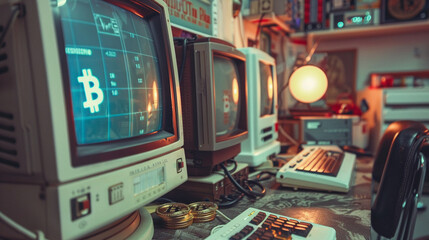 Vintage computer monitors displaying Bitcoin graphics, evoking retro tech and cryptocurrency.