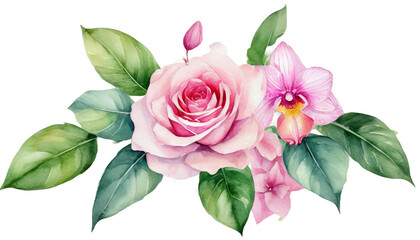watercolor Pink rose and tropical orchid flowers with green leaves floral arrangement nature wedding backdrop. Generative AI