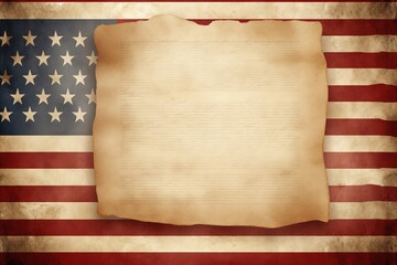 Grunge blank paper parchment or declaration over USA flag independence day template 3d illustration.