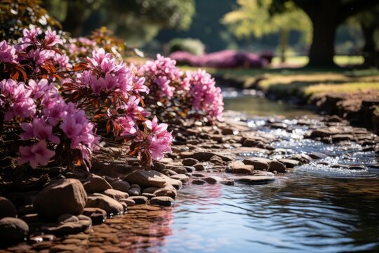 Water flows through a park, lined with flowers and rocks