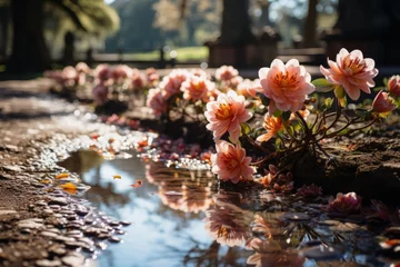 Gordijnen Colorful flowers float in a water puddle, creating a natural art display © dong