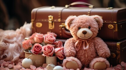 Teddy Bear Sitting by Two Suitcases