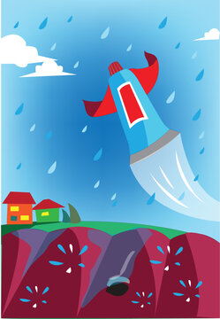 Caulking or Sealant Agent Superhero mascot rescues a roof with hole from raindrops. Editable Clip Art.