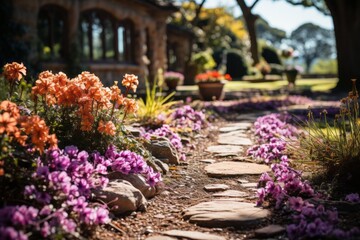Stone path lined with purple and orange flowers in a garden landscape