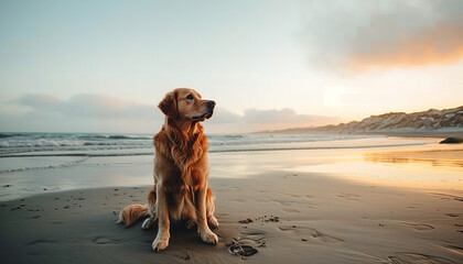 A golden retriever sits on the beach, gazing out at the ocean as the sun sets, casting a warm glow over the scene