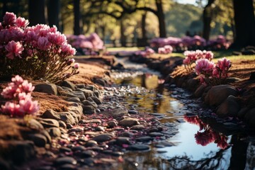Water flowing among pink flowers and rocks in a natural landscape