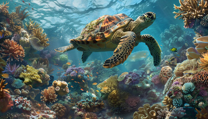 Fototapeta premium A sea turtle glides through a vibrant underwater coral reef teeming with marine life