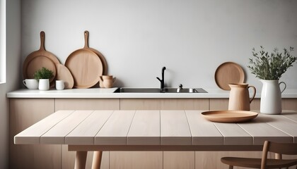 empty clean table in front of kitchen, modern interior design	
