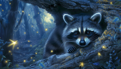 A raccoon peeks out from its tree den, surrounded by the magical glow of fireflies in a twilight forest
