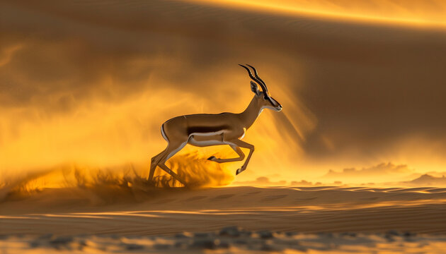 A gazelle gracefully runs across the sand dunes under a golden sunset sky