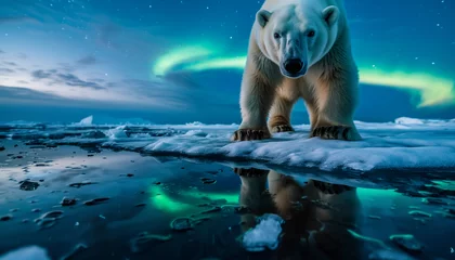 Wandcirkels tuinposter A polar bear walks across the ice under the night sky lit by the green glow of the Northern Lights © Seasonal Wilderness