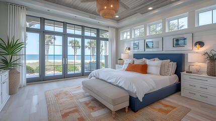 Bedroom - Beach house - blue with light brown trim - meticulous symmetry - coastal design - casual flair - windows  - obrazy, fototapety, plakaty