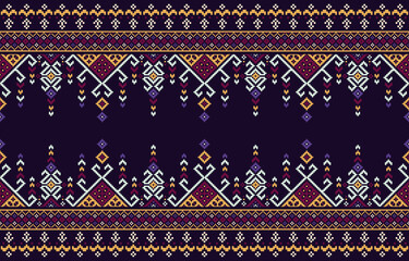 Embroidery pattern. Cross stitch pattern. Ethnic patterns on a dark bule background. Design for fabric,pattern,pixel,geometry,motif,towel,horizontal,border,folk,retro,handcraft,abstract,batik,zigzag.