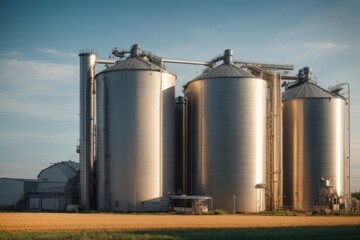 Agricultural silo processing plant in feed factory. Large tank for storing grain, wheat, corn, soybeans