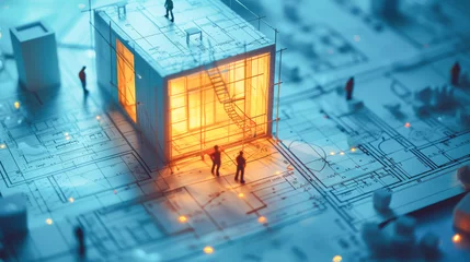 Foto op Plexiglas 建築模型の上で働くミニチュアの大工さん © maroke