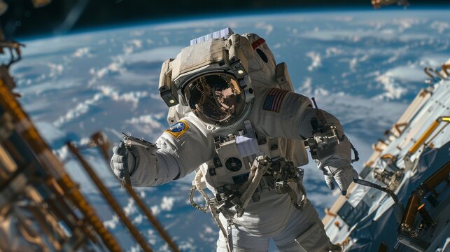 An astronaut suited up and preparing for a spacewalk outside of the station with Earth visible in the background. - Powered by Adobe