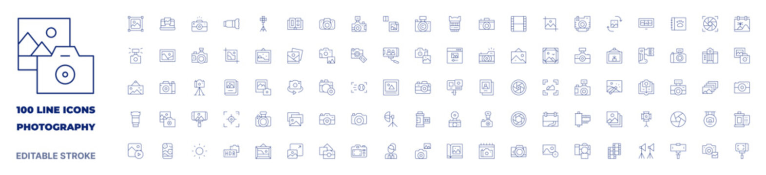 100 icons Photography collection. Thin line icon. Editable stroke. Photography icons for web and mobile app.