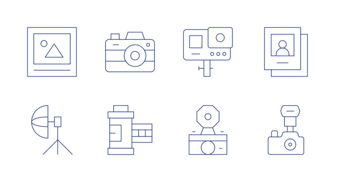 Photography icons. Editable stroke. Containing actioncamera, photograph, camera, umbrella, photography, photocamera, filmroll.