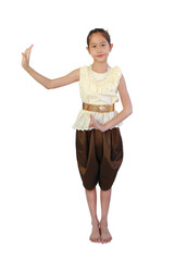 Beautiful Asian young girl child wearing traditional Thai style dress with native dancing gesture isolated on white background. Image full length with clipping path. - 761952167