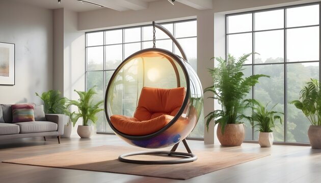 A pod chair designed to mimic the appearance of floating bubbles, located in a contemporary living room filled with potted ferns and large windows offering panoramic views.