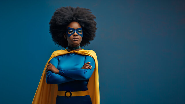Black woman in superhero costume with cape and mask, arms crossed.