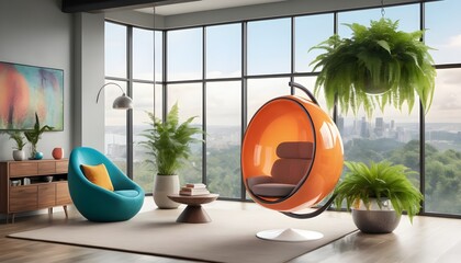 A pod chair designed to mimic the appearance of floating bubbles, located in a contemporary living room filled with potted ferns and large windows offering panoramic views. - obrazy, fototapety, plakaty