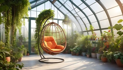 An angular pod chair with an invisible structure, positioned within a greenhouse-like space, surrounded by hanging vines and bathed in diffused natural light.