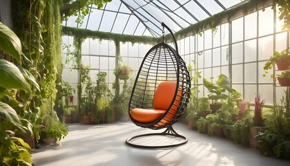 An angular pod chair with an invisible structure, positioned within a greenhouse-like space, surrounded by hanging vines and bathed in diffused natural light. - obrazy, fototapety, plakaty