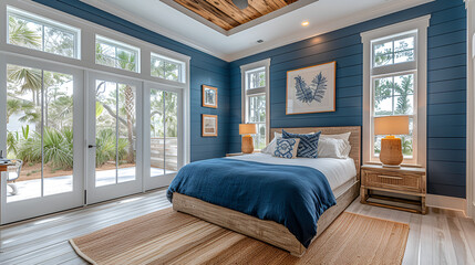 Bedroom - Beach house - blue with light brown trim - meticulous symmetry - coastal design - casual flair - windows  - obrazy, fototapety, plakaty