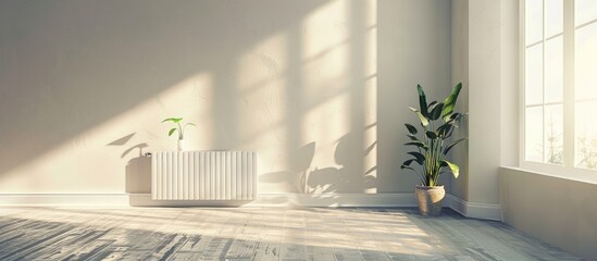 Minimalistic room with white aluminum radiator and laminate floor - obrazy, fototapety, plakaty