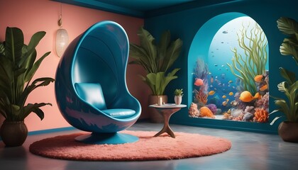 A pod chair inspired by the depths of the ocean, with a fluid, wave-like design, placed in an underwater-themed room adorned with shells and coral-like plants. - obrazy, fototapety, plakaty
